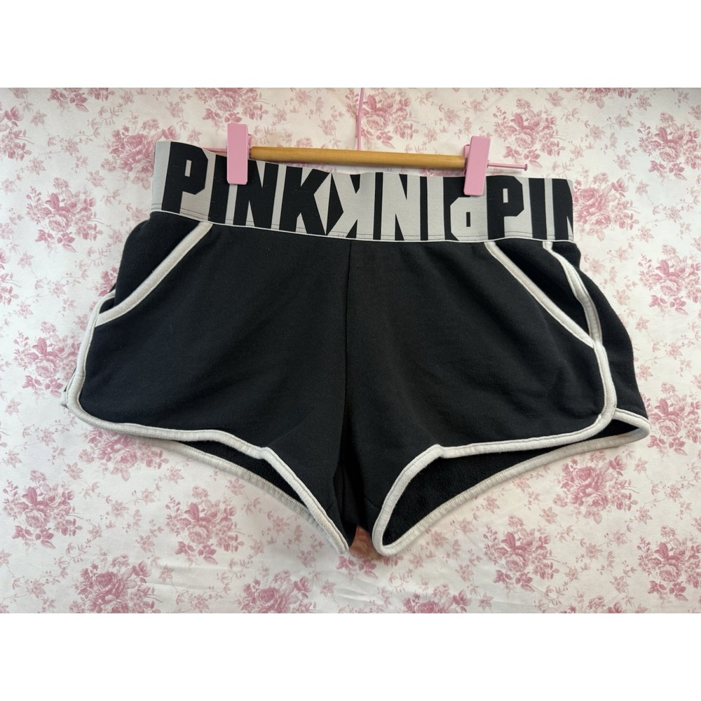 Victoria’s Secret PINK Black Logo Waistband Dolphin Shorts Size M Activewear